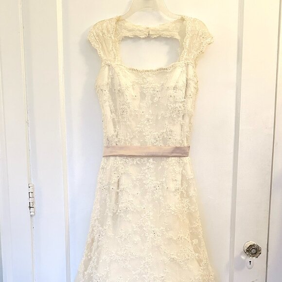 Ivory Lace Keyhole-back Wedding Dress w/ Optional Blush Sash (Demetrios Sz 16) - Picture 5 of 14